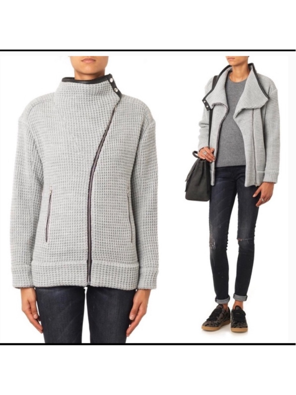 IRO Chelane Lamb Leather Trim Wool Blend Grey Knit Funnel Neck Moto Jacket